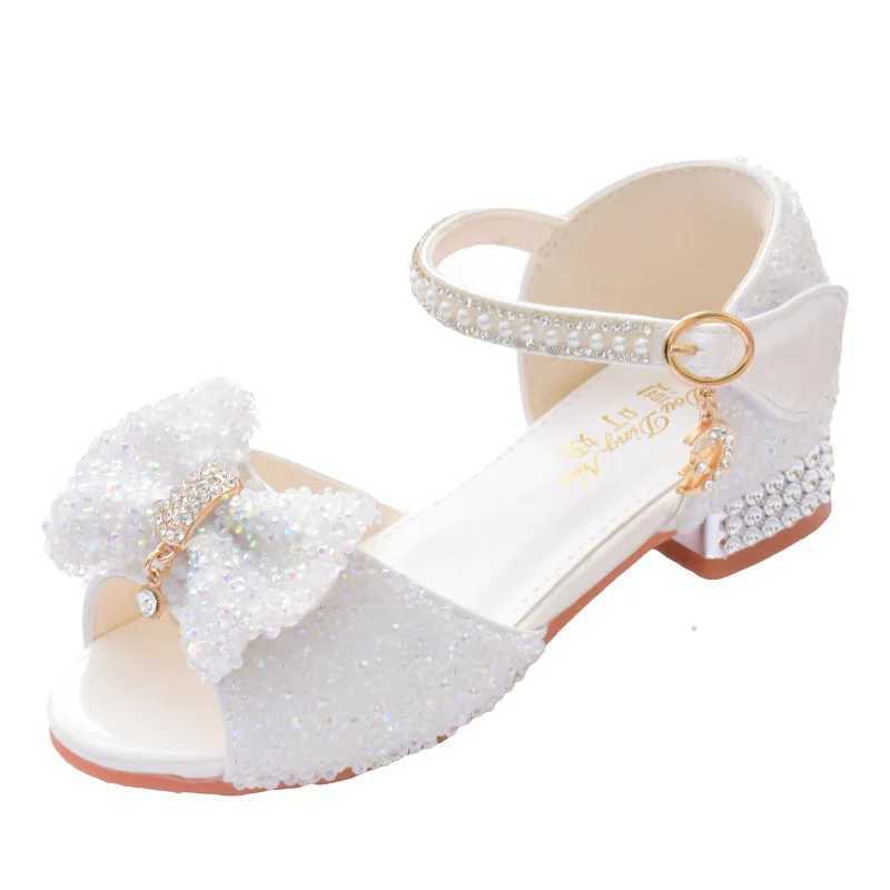 2025 New Childrens Summer Sandals Crystal Bowknot Girls High Heels Soft Sole White Princess Wedding Performance Shoes R250707