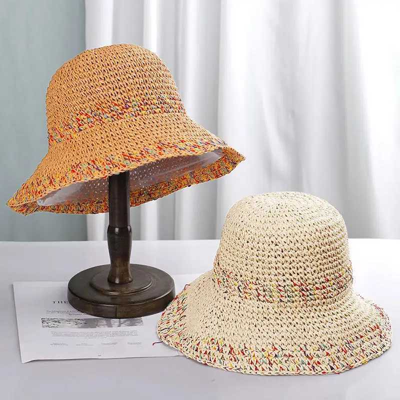 Rainbow Woven Womens Sunscreen Hat Summer Japanese Straw Hat Protective Fashion Breathable Hollow Beach Sun Hat Y250707