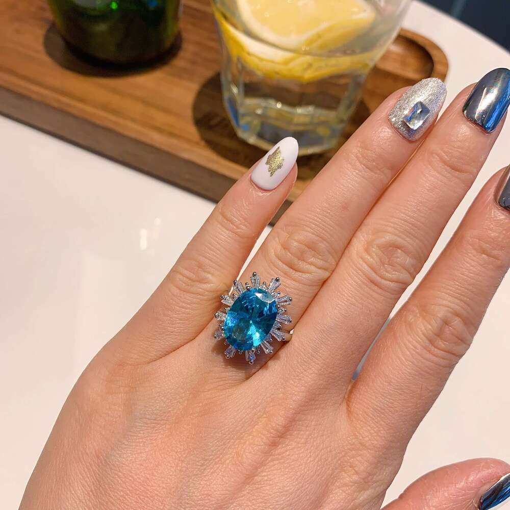 New Style Simulated Princess Square Aquamarine Topaz Full Dia Color Gemstone Open Ring Luxurious Pendant Necklace Eac