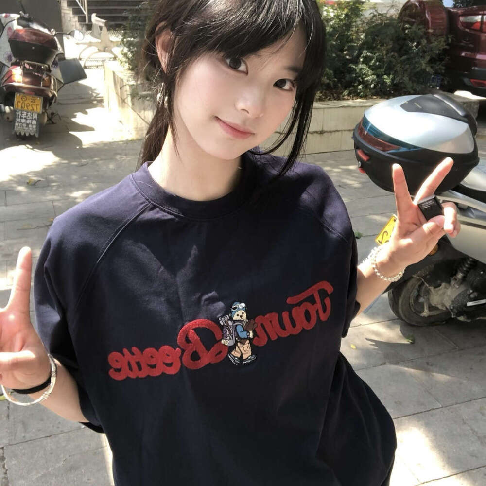Korean Style Navy Blue Embroidered Bear Round Neck Short Sleeve T-Shirt For Women Summer New Loose Age-Reducing Top Trendy Brand B5
