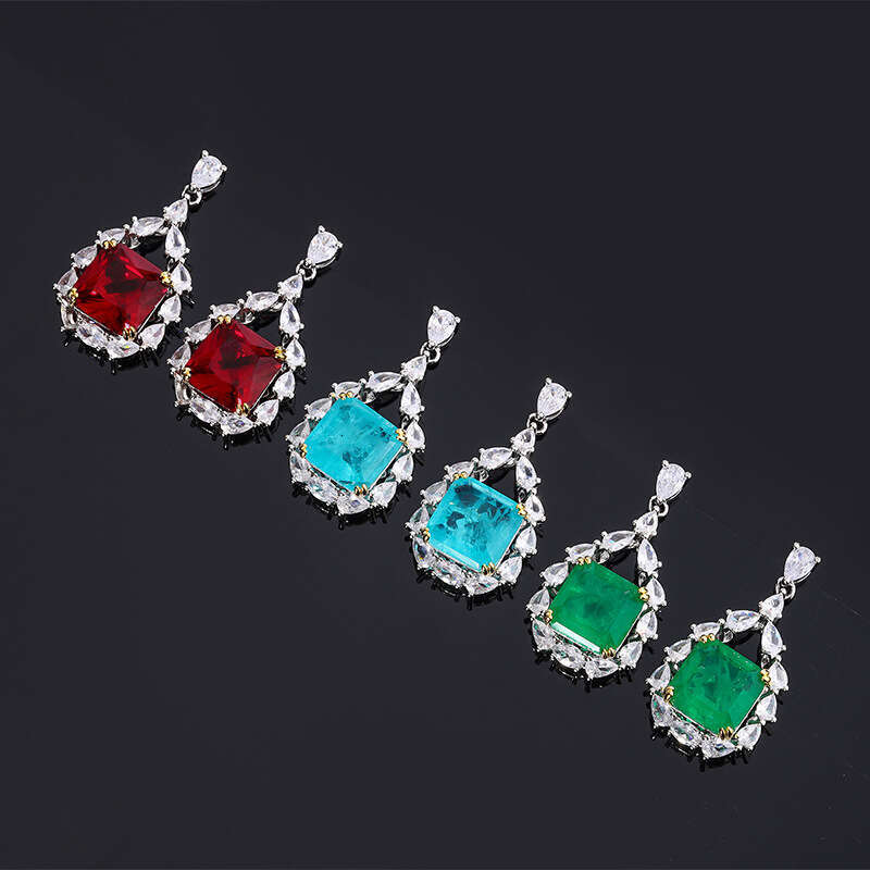 Huayoumei Paraiba Zircon Emerald Red Earrings Jewelry 6De