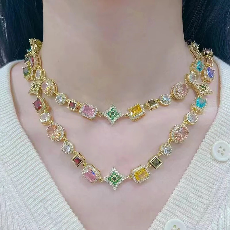 ZHUKOU 18K Golden Plated Colourful Stars Gemstone Bracelet Necklace Hip Hop Style Unisex Couple Jewellery VL641 VL642 250707