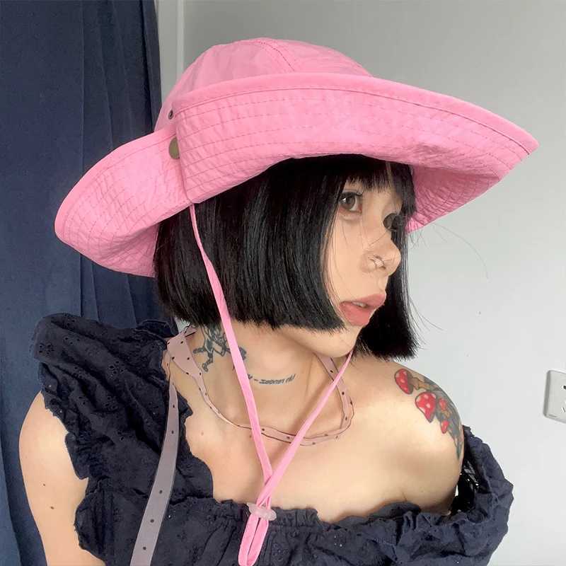Ins Solid Color Retro Western Cowboy Caps for Women Summer Outdoor Leisure Sunscreen Big Brim Quick-drying Bucket Hats Men Y250707
