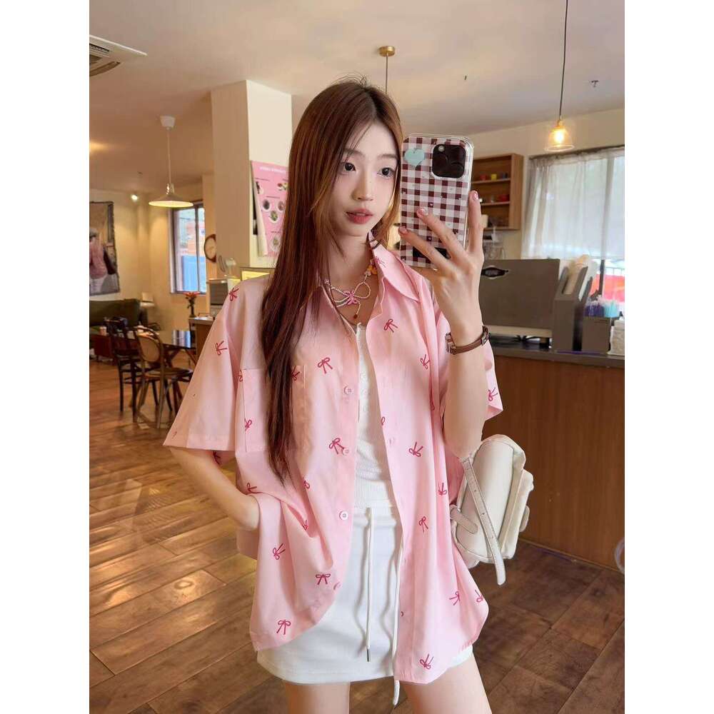 Pink Printed Bow Short Sleeve For Women Summer Sweet Design Sense Niche Stylish Thin Shirt Jacket B5