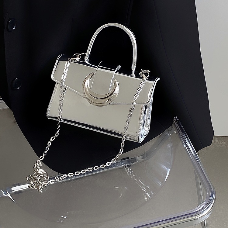 2025 Designer's New Solid Color Square Patent Leather Women's High-end Lock Month Bag Chain Shoulder Crossbody Bag