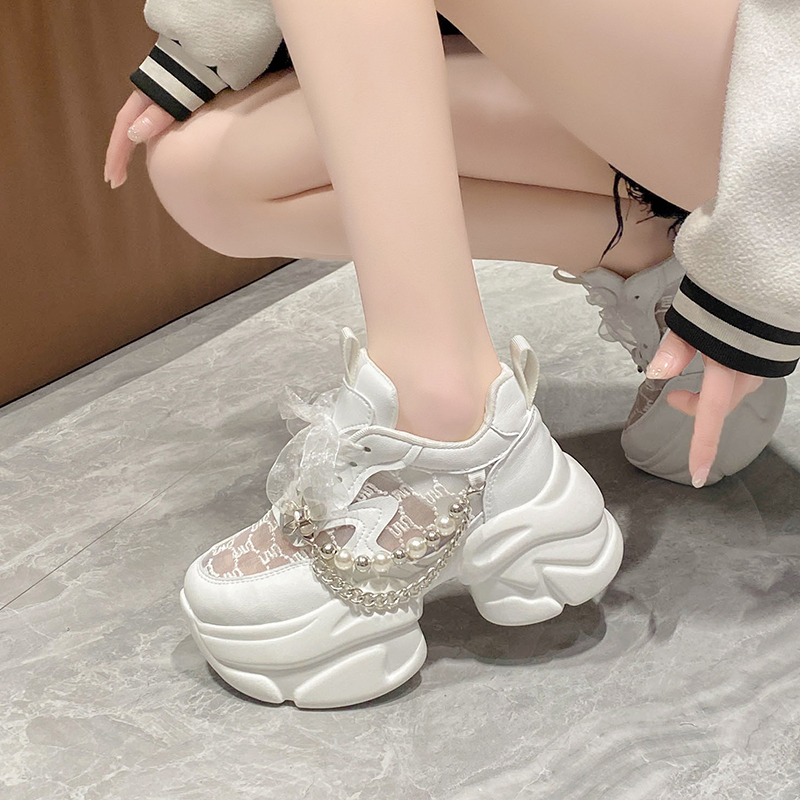Women's Summer Platform Sneakers Breathable Mesh Lace Casual Shoes Comfortable Luxury Pearl Embellished Non Slip Running Shoes Woman Thick Bottom