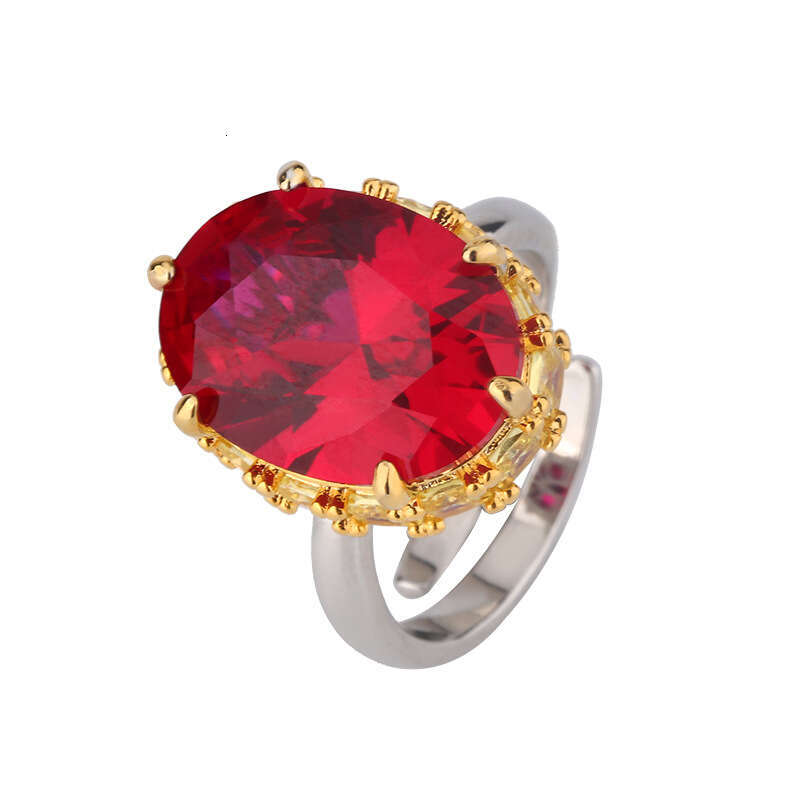 Gold-Plated Copper Full Small Square Oval Egg-Shaped Large Pink Diamond Ring Fashion Luxury Red Corundum Emerald Women's Cfd
