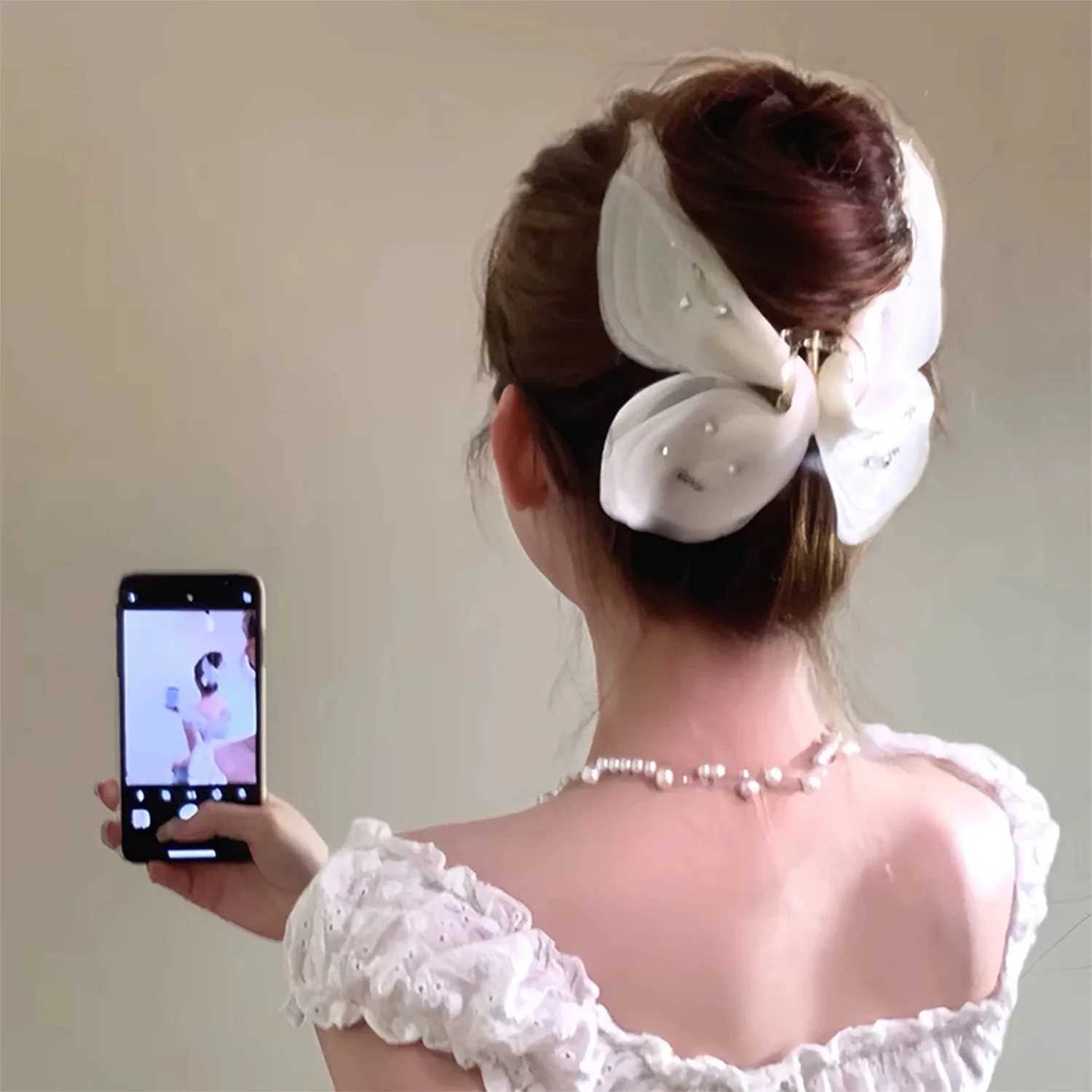 Large Size French Butterfly Knot Hair Claw Shiny Diamond Mesh Hair Clip Elegant Shark Clamp Womens Hair Accessories HairClaw Y250707