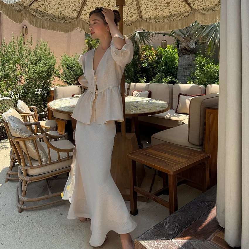 Linad Summer V-Neck Puff Sleeve A-Line Long Skirt 2 Piece Sets Woman Outfit Fashion Folds Khaki Loose Set Pure Cotton Woven Suit 250703