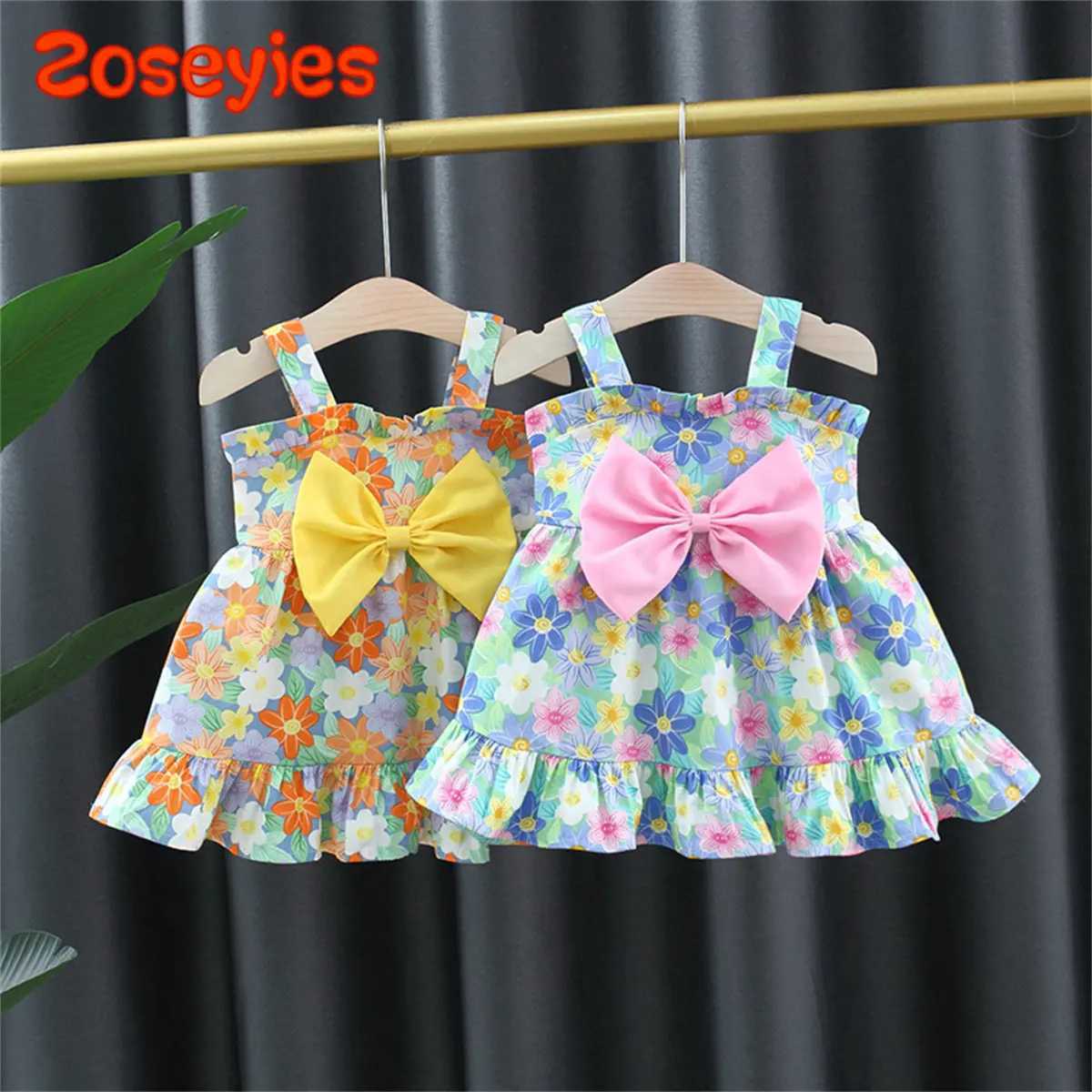 Summer Baby Girls Dress Strawberry Flowers Big Bow Strap Daily Knee Length Dress R250707