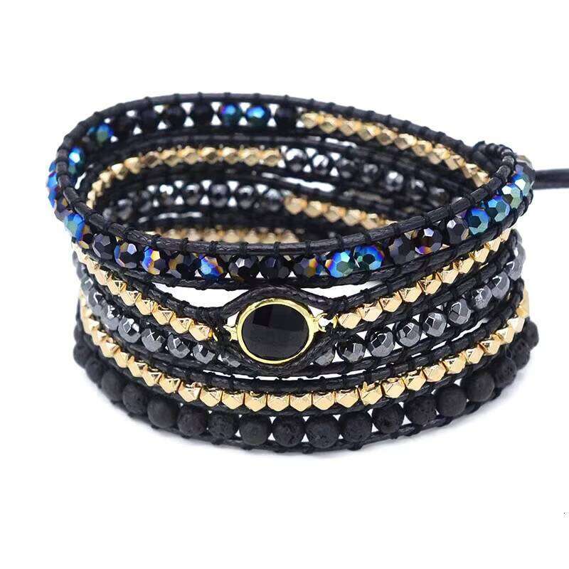 Adjustable Lava Stone Woven Vegan Bohemian Black Wax Rope Wrap Bracelet for Men and Women