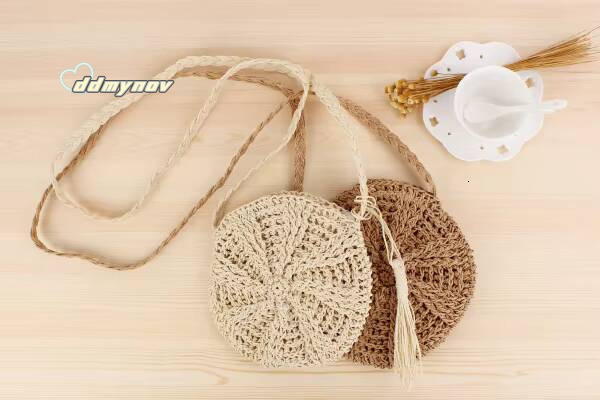 Rattan Woven Round Women Straw Handbag Knit Summer Beach Woman Shoulder Messenger Bag Tassel Khaki Beige Bags ddmynov