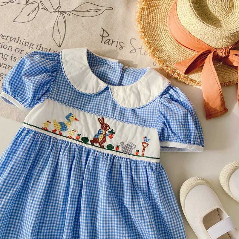 Summer Animal Embroidery Plaid Girls Dress Lace Edge Doll Lapel Bubble Sleeve Childrens Dress Cute Plaid Baby Kids Clothing R250707