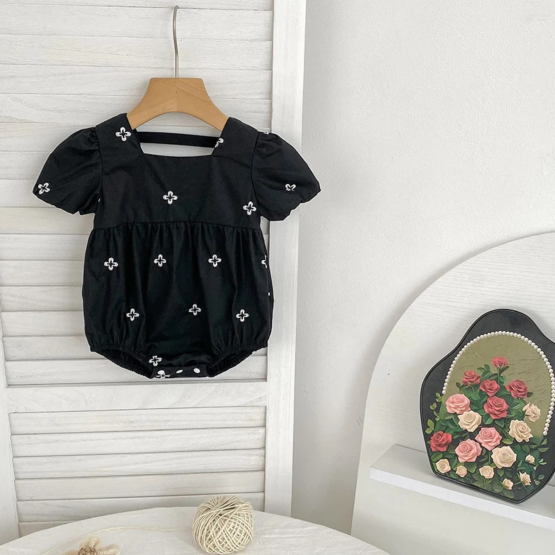 0-24M Baby Girl Clothing Cotton Summer born Baby Girl Romper Black Embroidered Flowers Cotton Toddler Baby Girls Jumpsuit 250707
