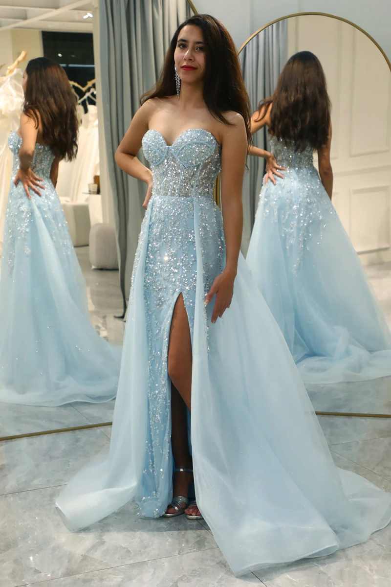Simple Mermaid Evening Dress Strapless Sleeveless Beaded Sequins Prom Gowns Detachable Sweep Train Formal Dresses Customized