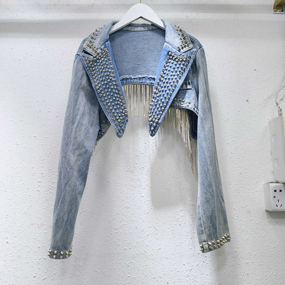 Heart Rivets Diamonds Denim Bomber Coat Love Shaped Spring Pearls Beads Jeans Jacket Rhinestones Cowboy Cardigan Crystal TopsX240920