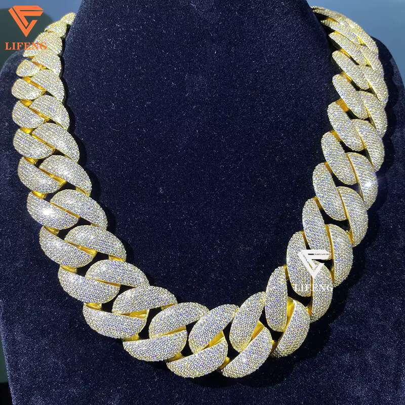 New Fashion 925 Silver Moissanite Diamond Necklace 25mm Ice Bubble Chain Gold Plated Cuban Link Alloy for Men for Hip-hop