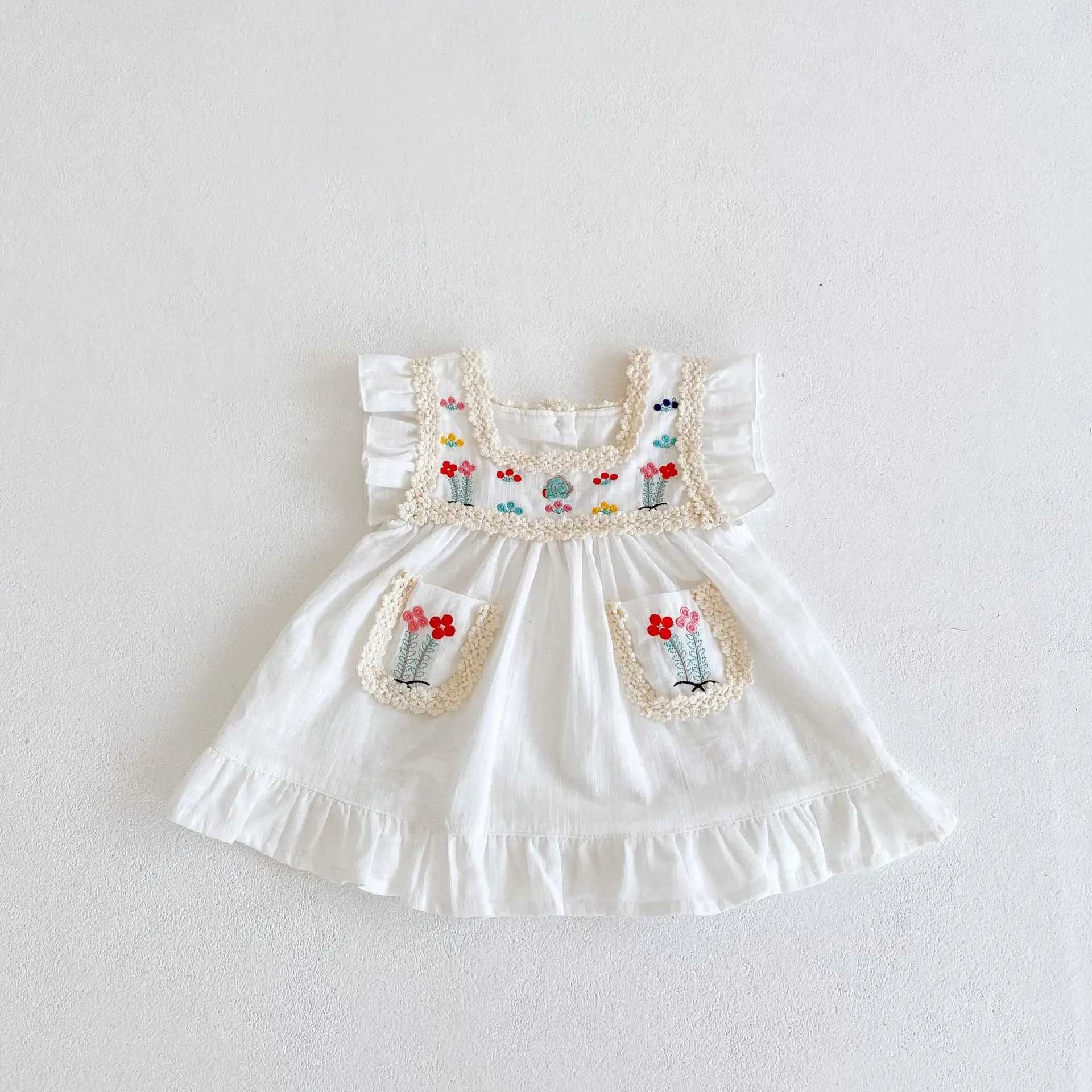 Summer new baby clothes for 0-3 years old baby girl dress exquisite flower embroidery short-sleeved dress A-line skirt R250707