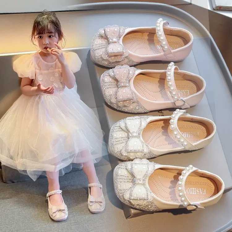 New Girl Sandals Cute Bow Pearl Sequins Kid Princess Shoes Flat Heels Children Dancing Size 21-36 R250707
