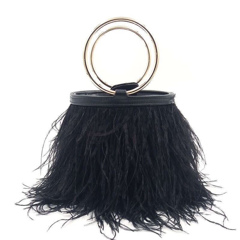 Women's dinner bag Trendy Shoulder Crossbody Handbag Round Chain Show Fashion Ostrich Feather Tassel Bag