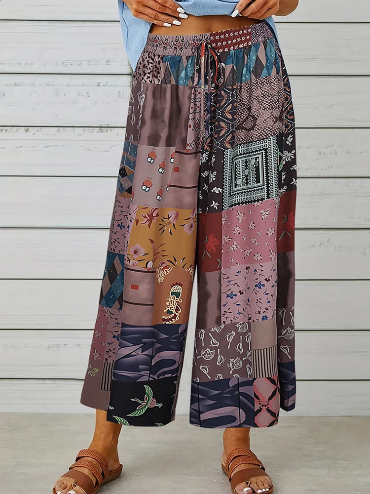 plus Size Boho Cotton Linen Pants for Women Summer Vintage Loose Wide Leg Trousers Streetwear Casual Elastic Waist Female Fashi 250628