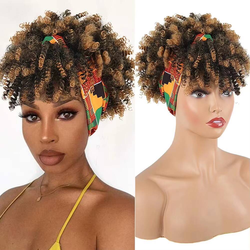 Black womens headscarf and tassel, 2-in-1 wrapped wig, short African curly hair synthetic wig with headscar ddmythur