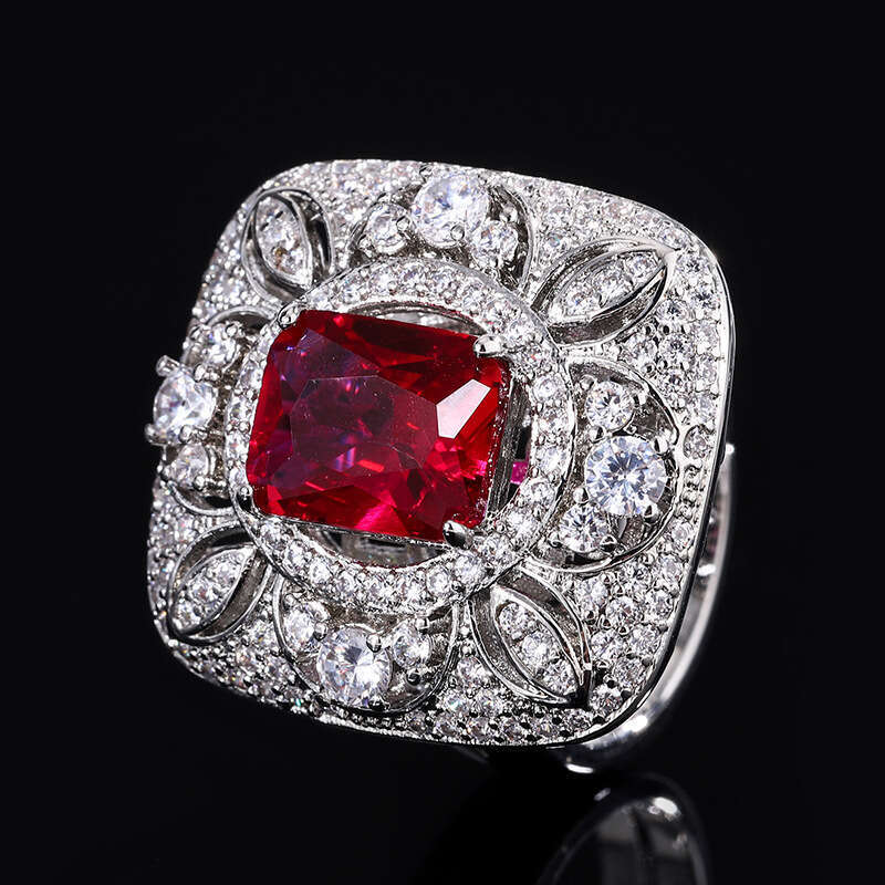 Exquisite Hollow Zircon Earrings Gemstone Set Red Corundum Pendant Square Dia Ring For Women High-End Feel 647
