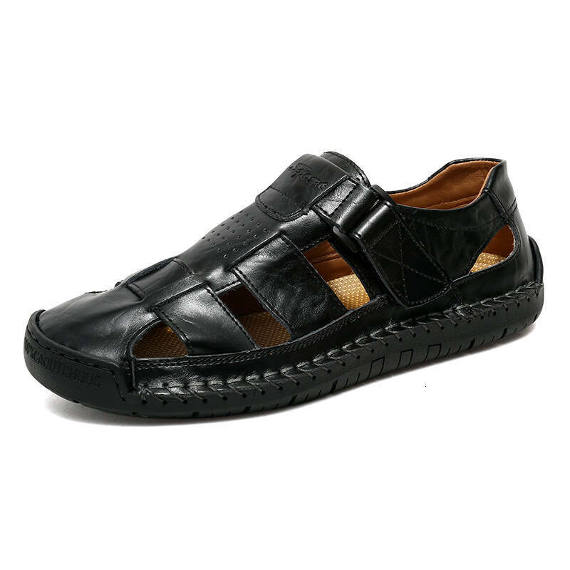 Genuine Leather Cowhide Stitched Slippers for Men 2024 Summer New Outdoor Men's Beach Sandals Trendy