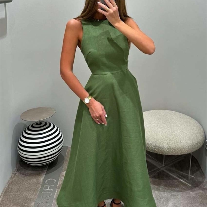 Oymimi Elegant Green Cotton Womens Dress Fashion O-Neck Sleeveless Dresses Casual High Waist A-Line Mid-Calf Dresses Female 250703