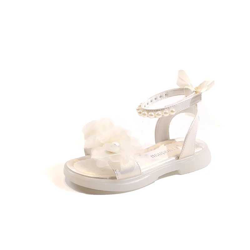 Girls Pearls Sandals with Lace Beaded Princess Kids Gladiator Sandals Princess Sweet 2024 Summer Kids Beach Shoes with Bow-knot R250707