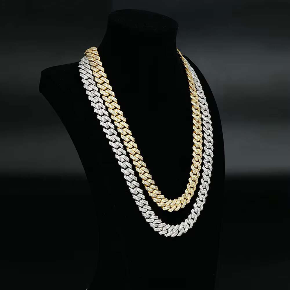 Top Fashion High Quality S925 Hip-Hop Jewelry Gold Plated 14mm Prong Link Cuban Moissanite Cuban Chain Necklace for Wholesale