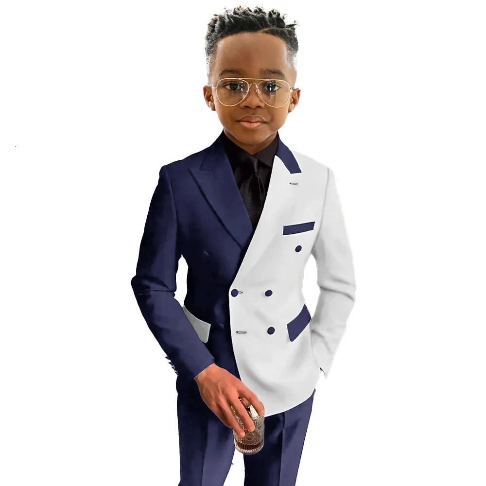 White and Royal Blue Boys Suit 2 Pieces Set Fashion Party Wedding Tuxedo 3-16 Yeard Old Kids Blazer Double Breasted Clothes 250704