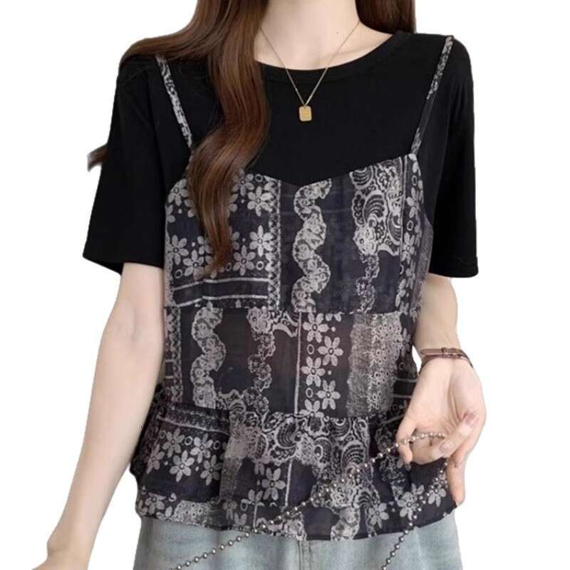 Plus Size Fake Two-Piece Camisole Round Neck Short Sleeve Women's Summer Design Loose Slimming Elegant Floral Top B5