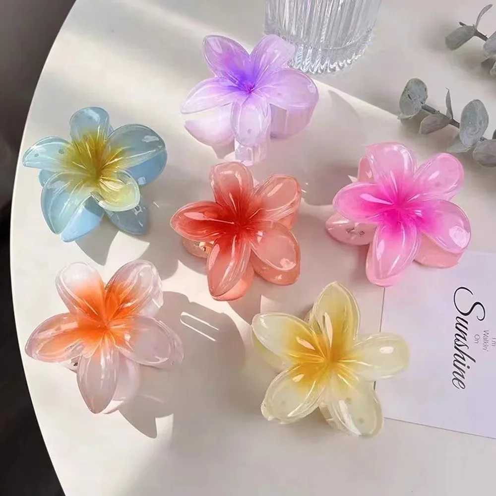 Fashion Gradient Large Flower Acrylic Hairpin Womens Sweet Hair Claw Crab Clip Hairpin Hawaiian Tiara Bohemian Beach Accessory Y250707
