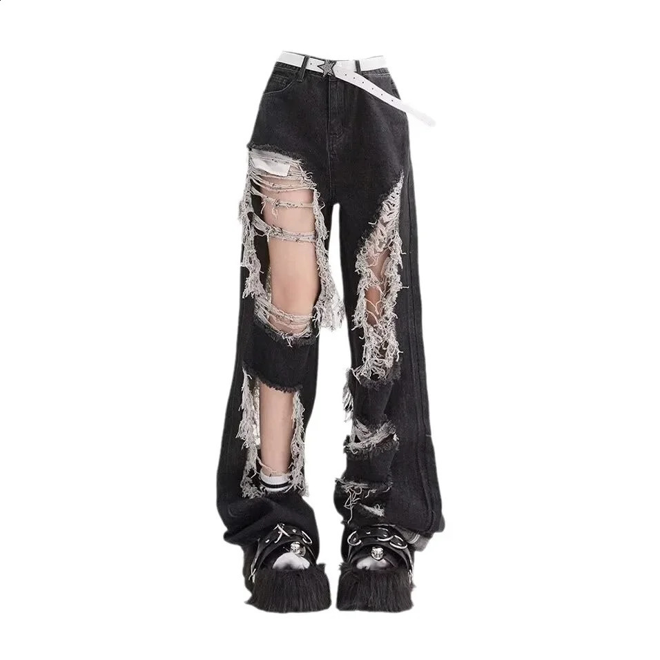 High Waist Straight Leg Denim Jeans Womens Sexy Hollow out Hole Slimming Wide Leg Pants for Short Girls Black 250707