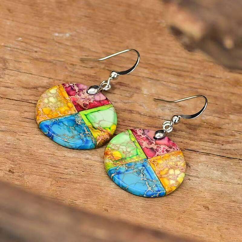 Round Imperial Hanging Bohemian Elegant Mixed Color Stone Earrings