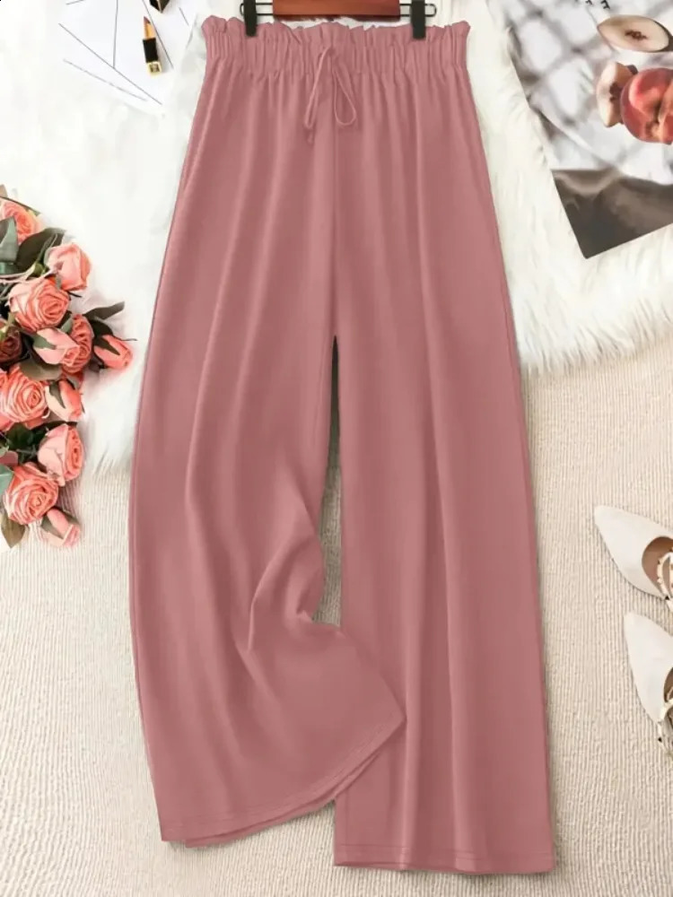 Plus Size 1XL5XL Women Fashion Solid Color Wide Leg Pants Female Casual Elegant Drawstring High Waisted Loose Long Trousers 250628