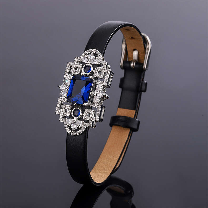 Custom Jewelry Leather Wristband With Simulated Red Zircon Full Dia Cowhide Strap Bracelet For Women 8Da