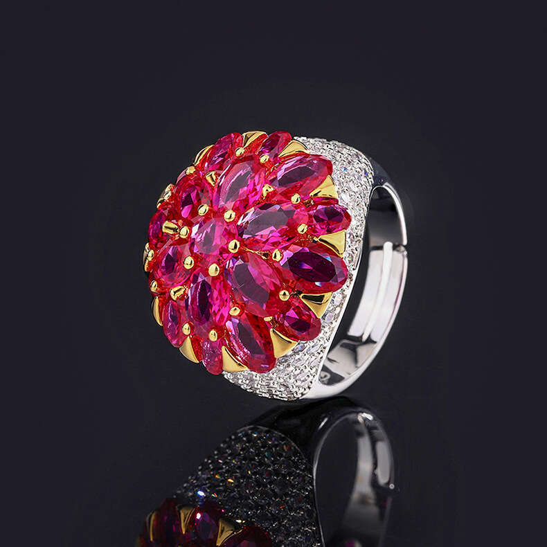 Pigeon Blood Palace Style Flower Blue Cubic Zirconia Red Corundum Gemstone Adjustable Ring D07