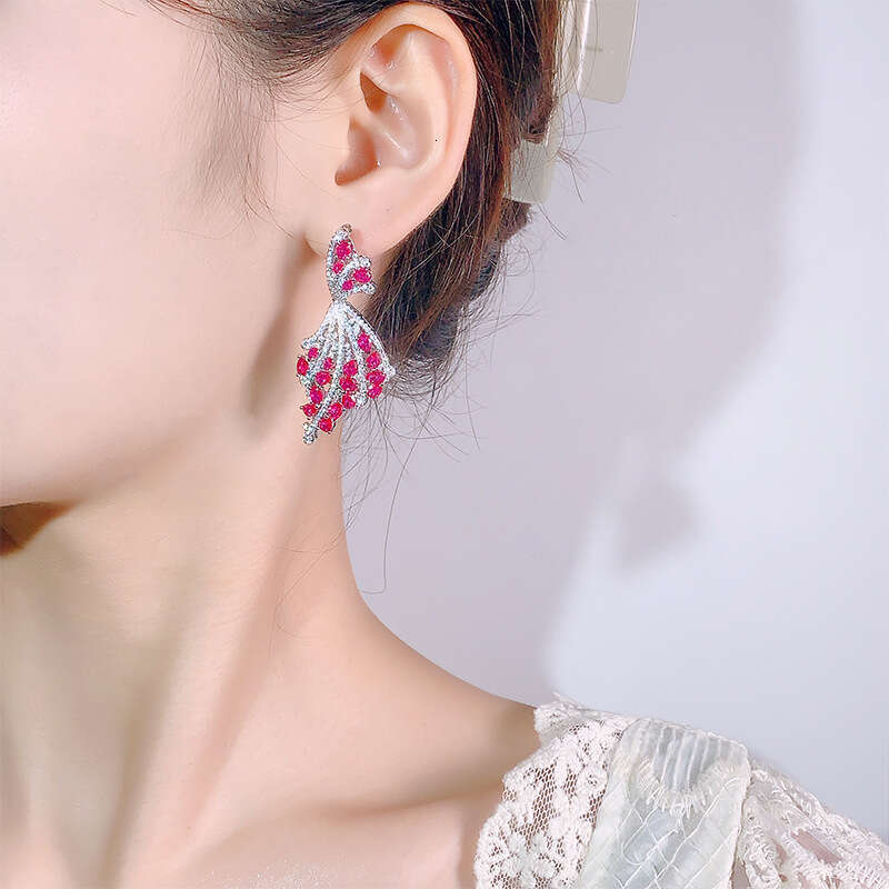 Autumn Winter New Fashion Fan-Shaped Flower Red Corundum Micro-Inlaid Zircon Earrings For Women Wholesale 472
