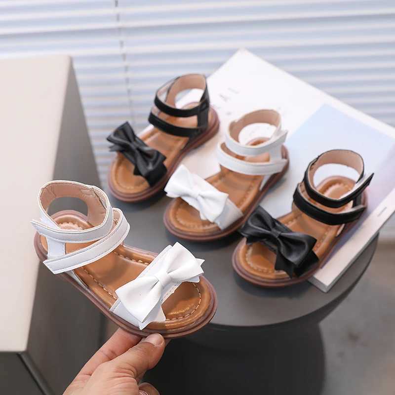 Little Children Sandals Ankle Strap Bowknot Black White Girls Sliders 21-30 Toddler Pu Leather Flexiable Summer Kids Flat ShoesR250707