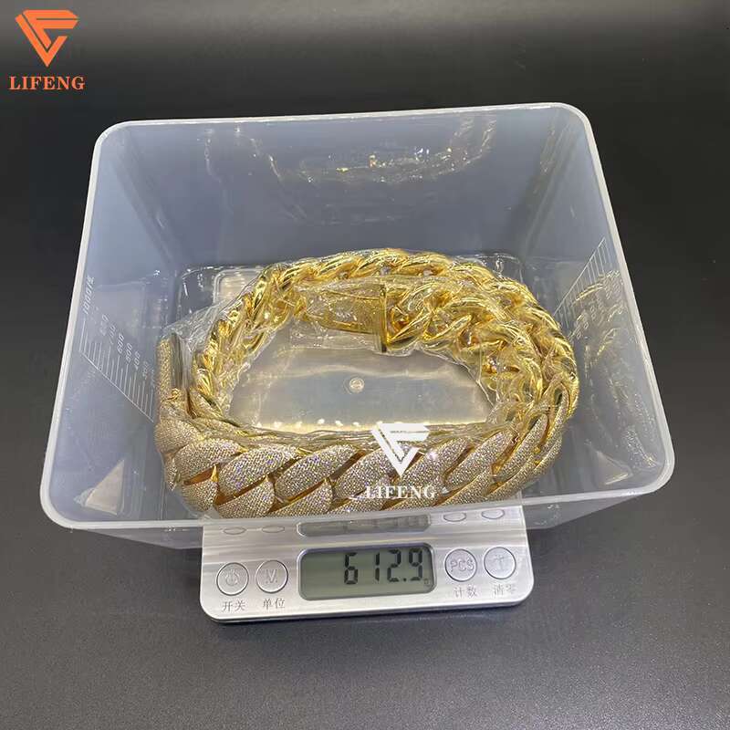 New Fashion 925 Silver Moissanite Diamond Necklace 25mm Ice Bubble Chain Gold Plated Cuban Link Alloy for Men for Hip-hop