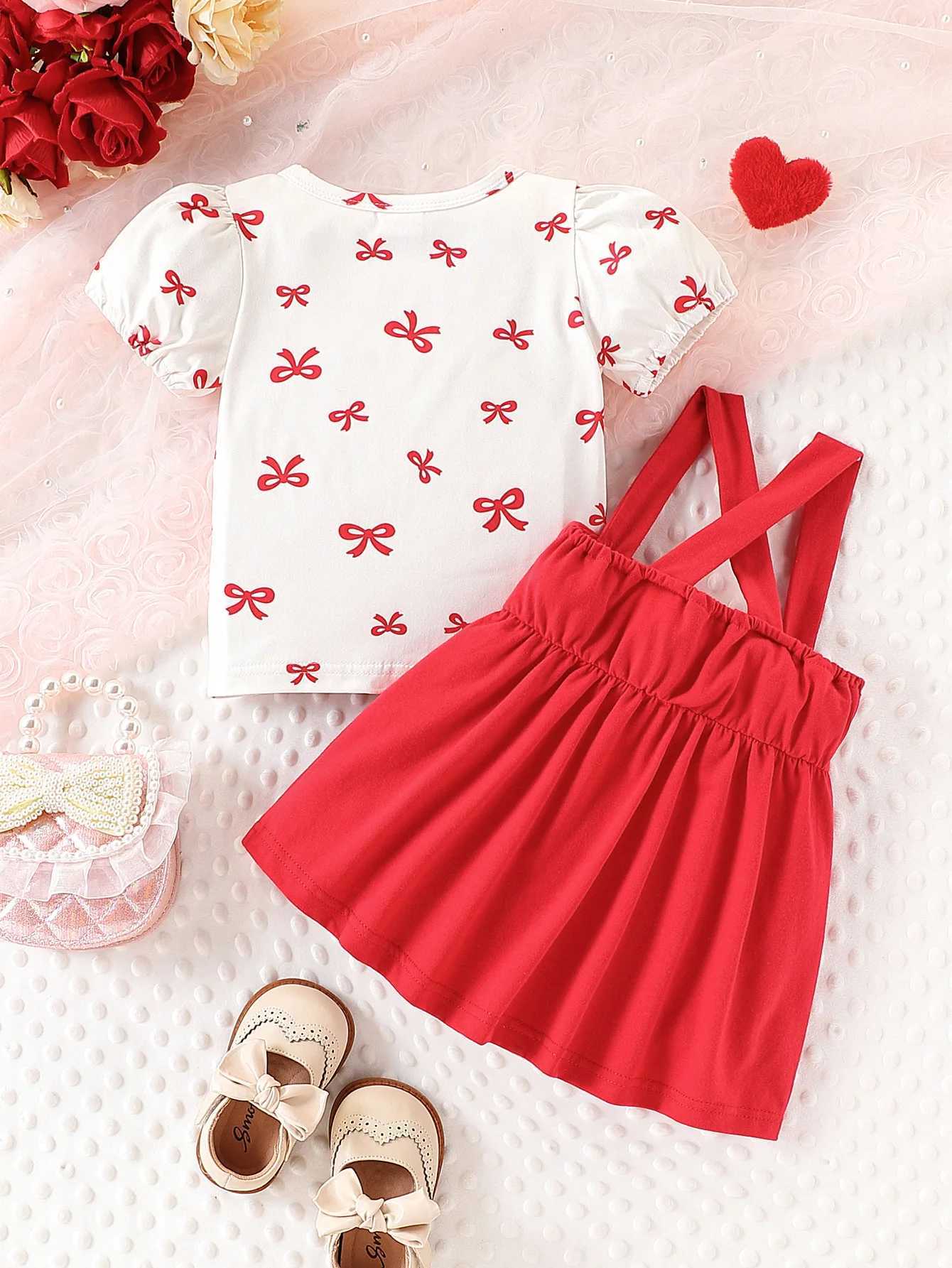 2-piece set of baby girl casual cute bow full printed bubble sleeves round neck top and bow strap skirt for summer R250707