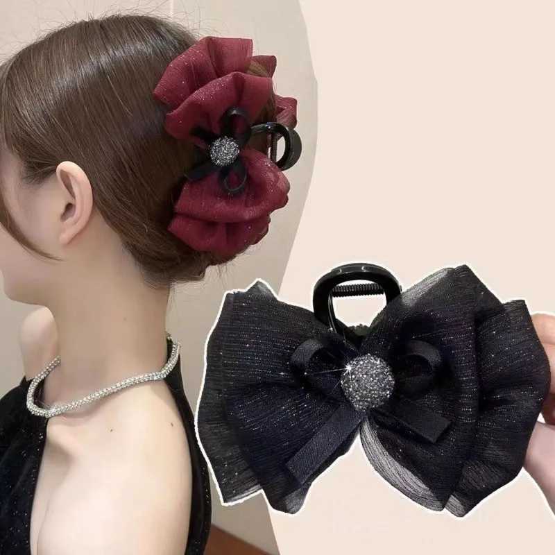 Elegant Temperament Mesh Bow Hair Clip for Woman Seersucker Shark Clip Fashion Girls Back Head Hair Clamp Z250707