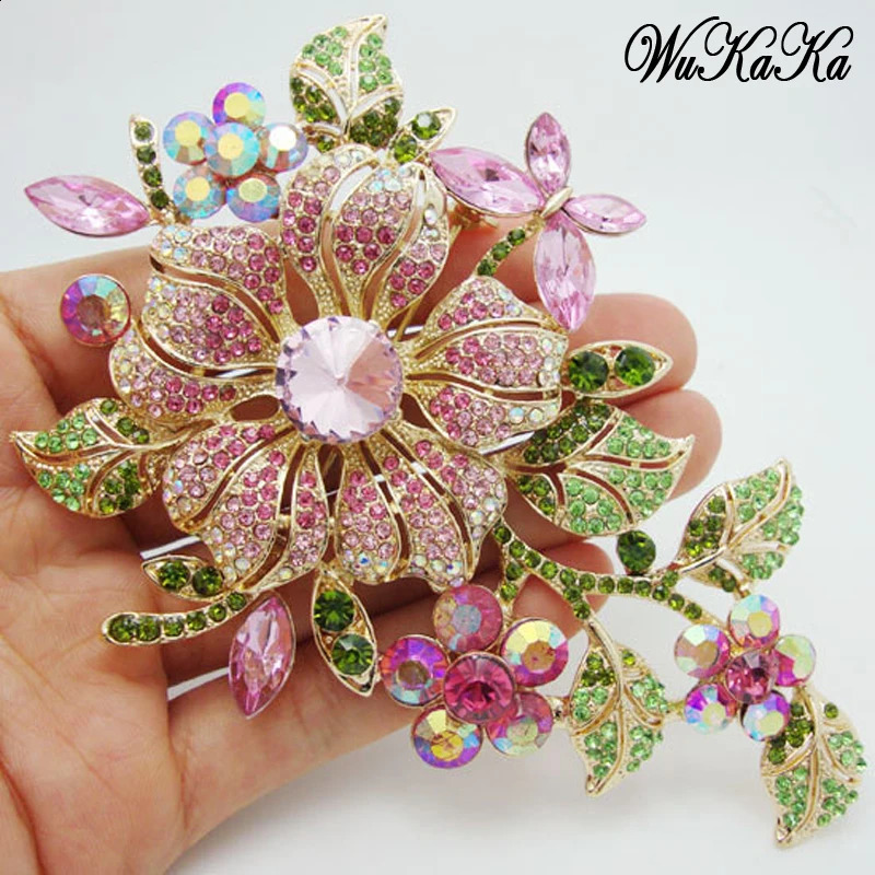 Big Elegant Pink Crystal Flower Brooch Pin Romantic Wedding Bride Bridesmaid Large Brooches For Woman Jewelry 250625
