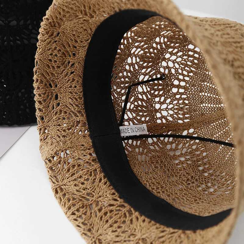 Hollow Grid Bucket Hat for Women Summer Thin Linen Fisherman Hats Fashionable White Pearl Chain Decorative Basin Cap Beach Hats Y250707