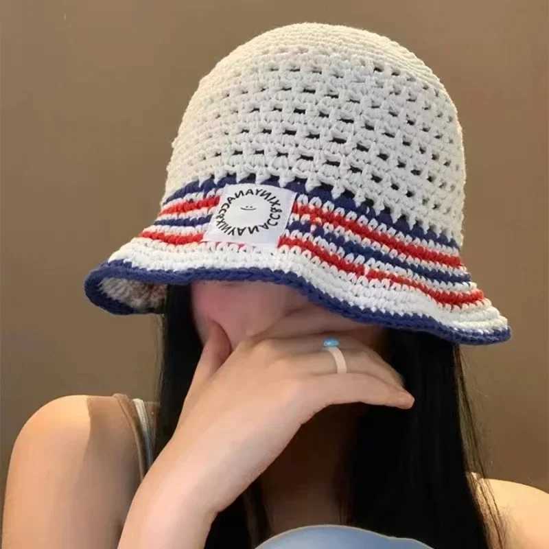 Japanese Korean Style Bucket Hat - Hand-Knitted Wool Hollow Sunshade Summer Breathable Crochet Cap for Women Fashion Sun Protection Y250707