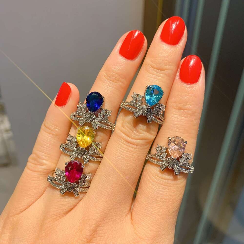 Live New Pear-Shaped Full Diamond Paraiba Blue Zircon Gemstone Ring 75F