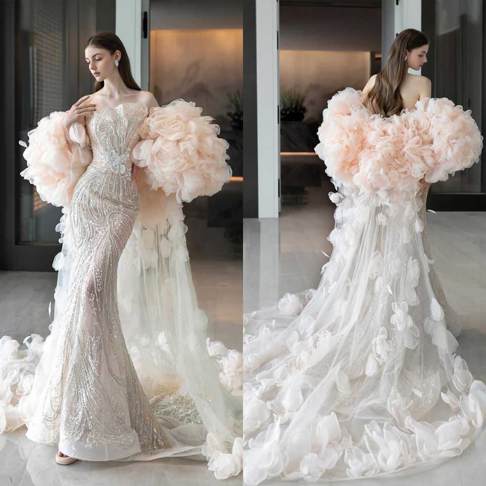 Gorgeous Strapless Customized Evening Dresses Elegant Sequined Lace Prom Dress Floor Length Party Gown with Ruffle Train