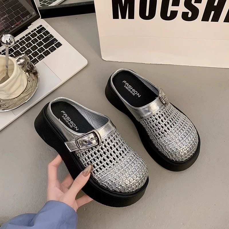 2025 Summer New Designer Style Woven Closed-Toe Slippers for Women, Slip-On Thick-Soled Hollow Out Sandals